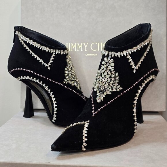 JIMMY CHOO Kendrix 100 - Suede Booties with Embroidery Black/White - Picture 2 of 15